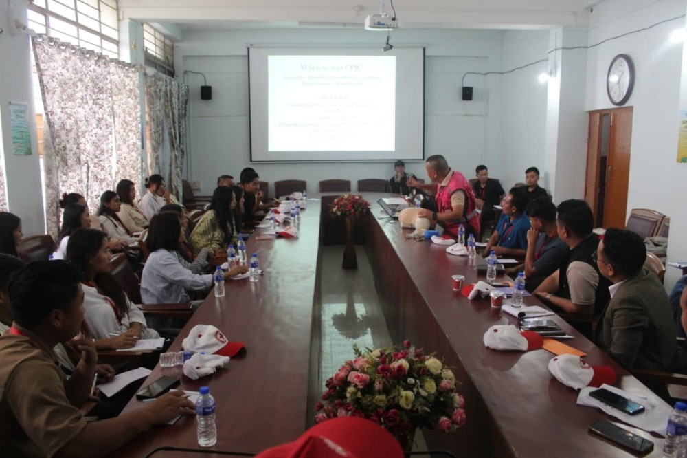 A section of the group during the IRCS Nagaland two-day Community First Responder (CFR) Youth Training Programme at the DC Conference Hall, Zunheboto, on June 2. (Morung Photo)